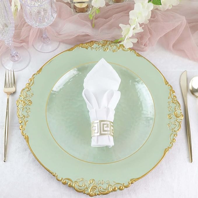 13" Charger Plates -Set of 24 - Acrylic Sage Green Round Baroque Disposable Chargers Leaf Embossed Rim, Ideal for Dinner Party Wedding Bulk Events
