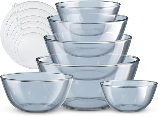 COOK WITH COLOR 12 Pc Glass Mixing Bowl Set with Lids – Borosilicate Glass Nesting Bowls for Cooking, Baking and Meal Prep, Colored Blue
