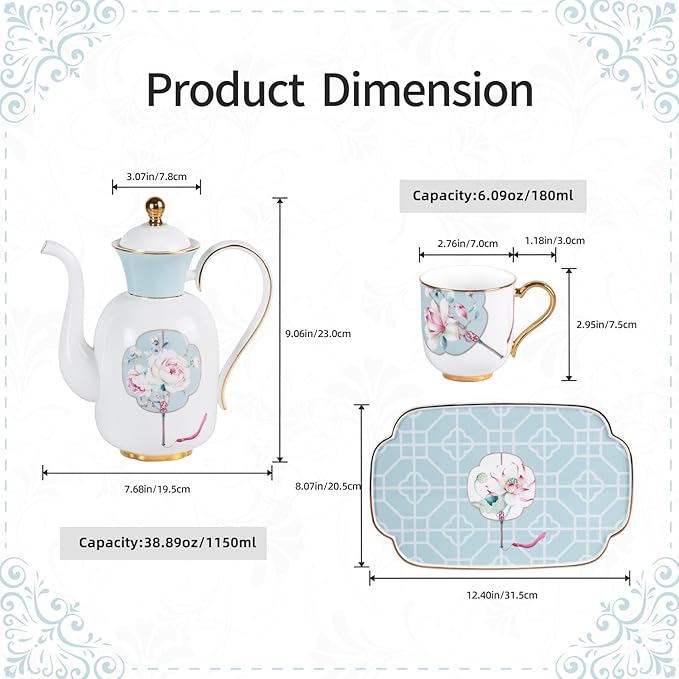 KAMMAK Tea Pot and Cups Set for Adults, Bone China Tea Cup with Teapot, Porcelain Coffee Cups and Pot, Teapot with Tray and Gift Box for Latte, Afternoon Tea Party