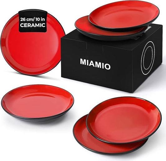 MIAMIO – 6 x Plate/Dinner Plate Set Stoneware Ceramic Tableware Set - Le Papillon Collection (Red, 10 Inch)
