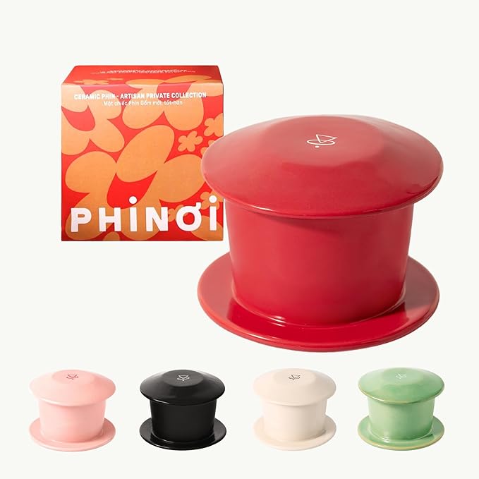 [Holiday Gift] Ceramic Vietnamese Phin Filter by PHINOI - Pour Over Coffee Dripper – 1-3 Cup Coffee Maker with Flower Design – Reusable Coffee Filter for Manual Brewing, Travel Friendly (Red)