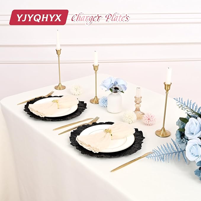 24 Pack Black Charger Plates Bulk, 13" Plastic Reef Chargers for Dinner Plates, Round Charger Plate with Floral Reef Design for Dinner Wedding Party Table Setting Decoration