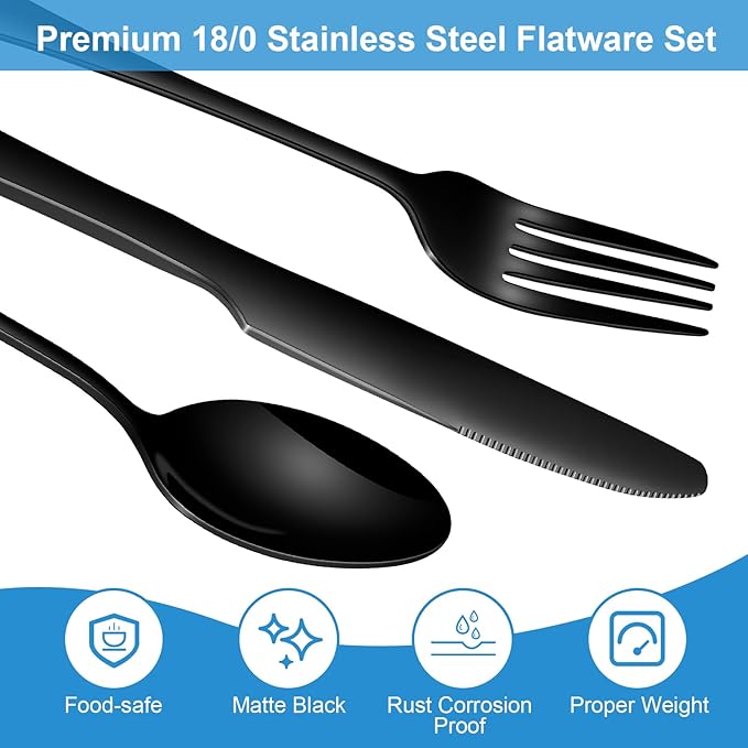 20-Piece Black Silverware Set, Premium 18/0 Stainless Steel Flatware Set for 4, Food-Grade Cutlery Utensils Set, Mirror Polished Tableware, Includes Knives, Forks, and Spoons, All Dishwasher Safe