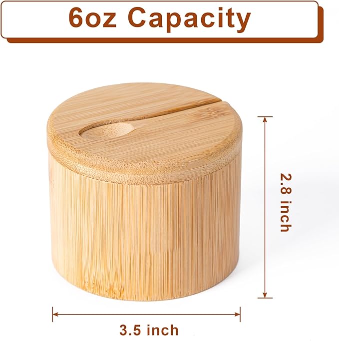 Bamboo Salt Cellar, Salt Box with Magnetic Swivel Lid, Spice Box with Spoon, Round Salt Container for Storing Salt Pepper Sugar Herbs,6 Ounce Capacity