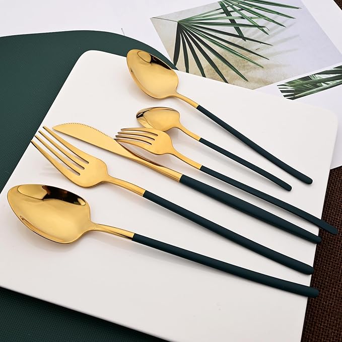 36pcs Silverware Set, 18/10 Stainless Steel Serving Flatware With Curved Handle For 6, Durable Eating Utensils For Home Entertaining, Mirror Polished (Green Gold)
