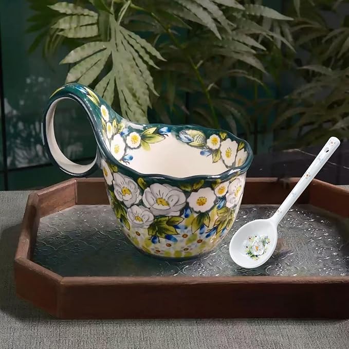 OZY Handpainted Soup Bowl with Handle,Ceramic Cereal Bowl Great for Soup, Ice cream, Fruits,Snack,Microwave &Dishwasher Safe (Green)