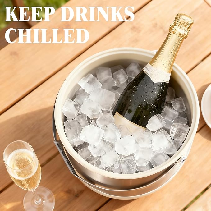 5QT/4.8L Insulated Ice Bucket for Parties, Large Capacity Double-Wall Beverage Bucket with Scoop & Lid for Champagne, Wine, Cocktail (White)