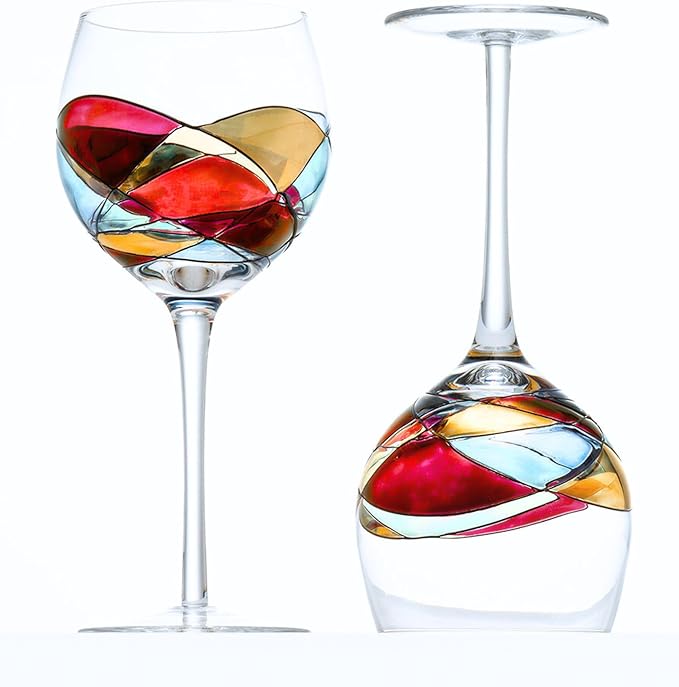 Victoria Barcelona Wine Glasses Hand-Painted Stemmed 14 oz Luxury Gift Women & Men Unique Art Gaudi Inspired by Sagrada Familia Red Murano Stained Glass Christmas Wedding Birthday Anniversary (Set 2)