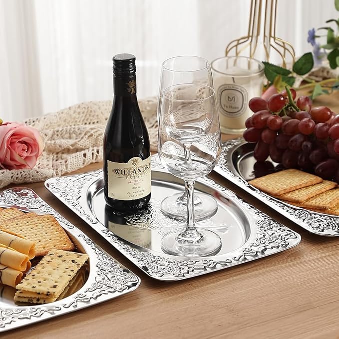 4-Pack Silver Serving Trays Set - ZENOVLUX Vintage Floral Engraved Mirror Decorative Tray, 13.8" x 8.7" Party Platters for Whiskey, Cookies, Charcuterie, Snacks, Desserts, Fruit, Party Food Display
