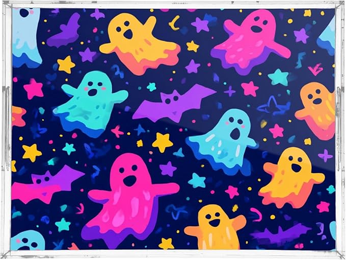 Serving Tray with Handles Clear Acrylic Tray 12x16 Inch Decorative Rectangular Tray Organizer for Ottoman Coffee Table Bathroom Neon Halloween Ghosts Stars Bats