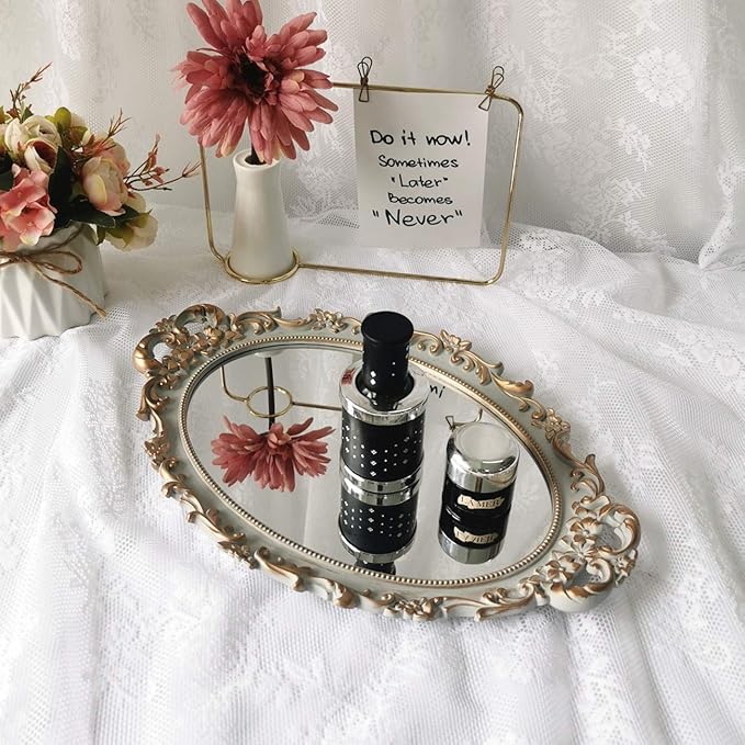 Hamphinee Oval Floral Wall Mirror Tray, Dresser Organizer Tray,，Decorative Perfume Mirror Tray, Serving Tray, 9.5’’ X 14.5’’, Gold Gray, Gray,gold