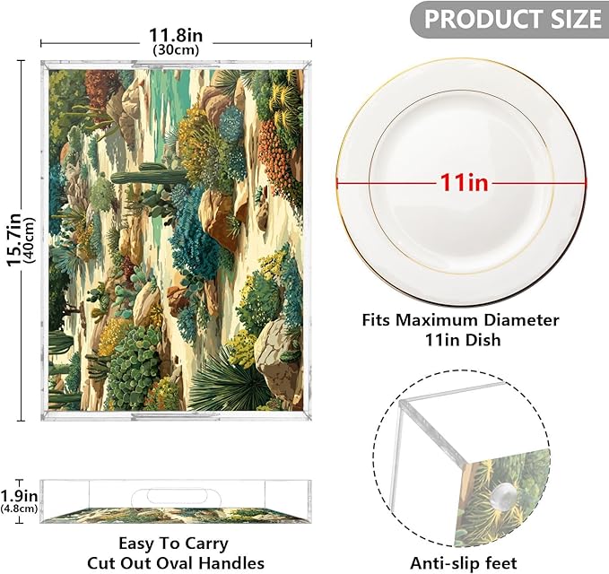 Serving Tray with Handles Clear Acrylic Tray 12x16 Inch Decorative Rectangular Tray Organizer for Ottoman Coffee Table Bathroom Mexico Desert Cactus Green