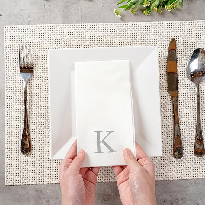 Luxenap 15.8 X 7.9 Inch Linen-Feel Guest Towels, 2000 Lettered Hand Towels - Silver Letter 'K', Sans Serif Font, White Paper Dinner Napkins, airlaid, For Restrooms And Tables - Restaurantware