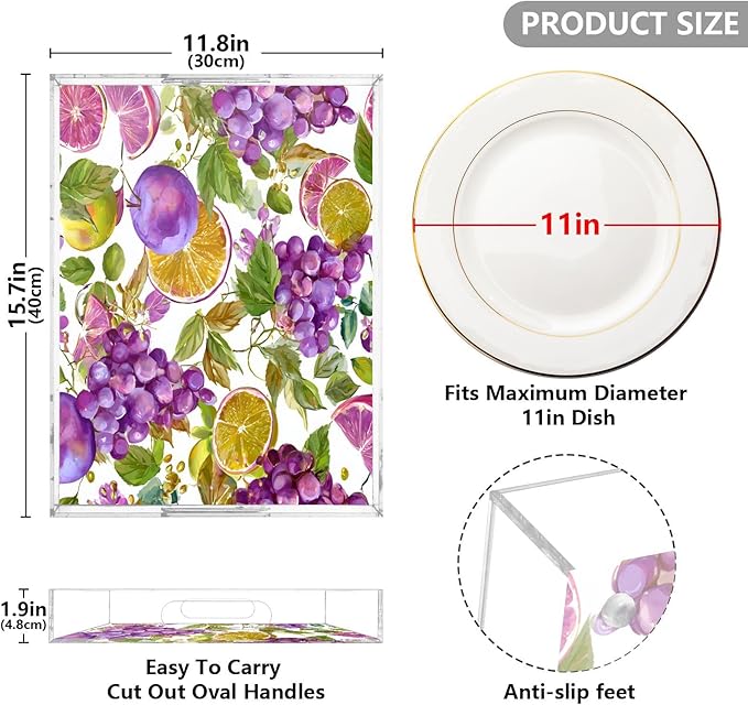 Serving Tray with Handles Clear Acrylic Tray 12x16 Inch Decorative Rectangular Tray Organizer for Ottoman Coffee Table Bathroom Purple Grapes with Leaves and Fig