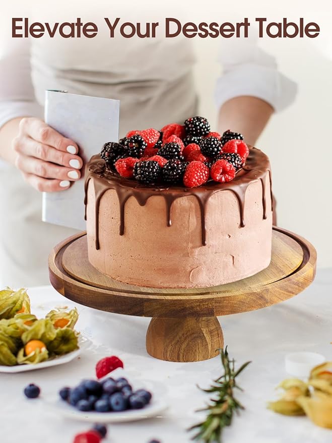 Acacia Wood Cake Stand with Lid, 12in Round Cake Holder, 2-in-1 Cake Plates with Acrylic Dome, Dessert Table Display Set for Party Birthday Kitchen Wedding
