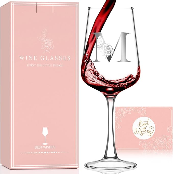 Personalized Wine Glass Gifts for Women - Monogrammed A-Z Wine Glasses Gift | Custom Christmas Gift, Valentines Day, Birthday Gifts for Women Her Mom Wife Best Friend Sister (M)