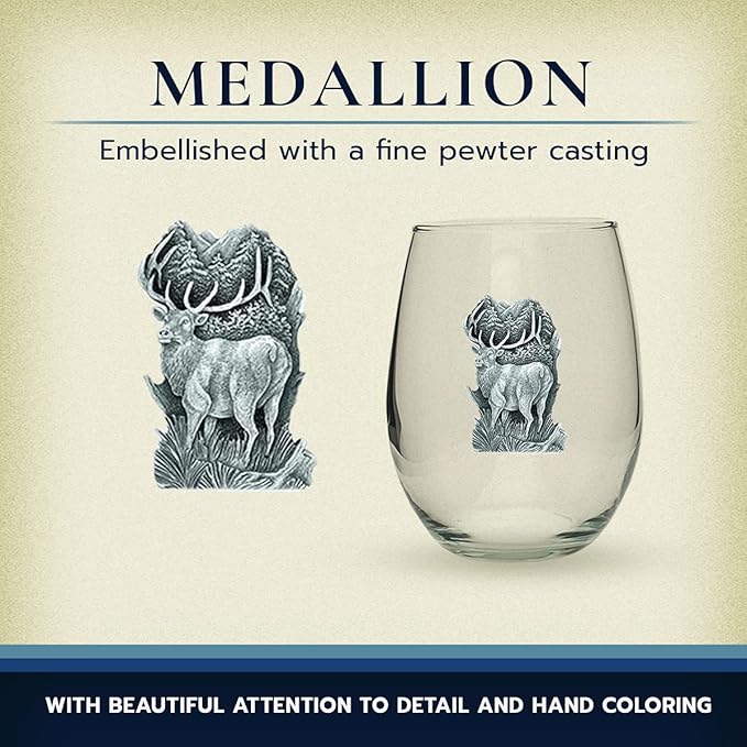 Heritage Pewter Elk Stemless Glass Goblets – Set of 2 | 15 OZ Goblet Wine Glasses | Expertly Crafted Pewter Glass