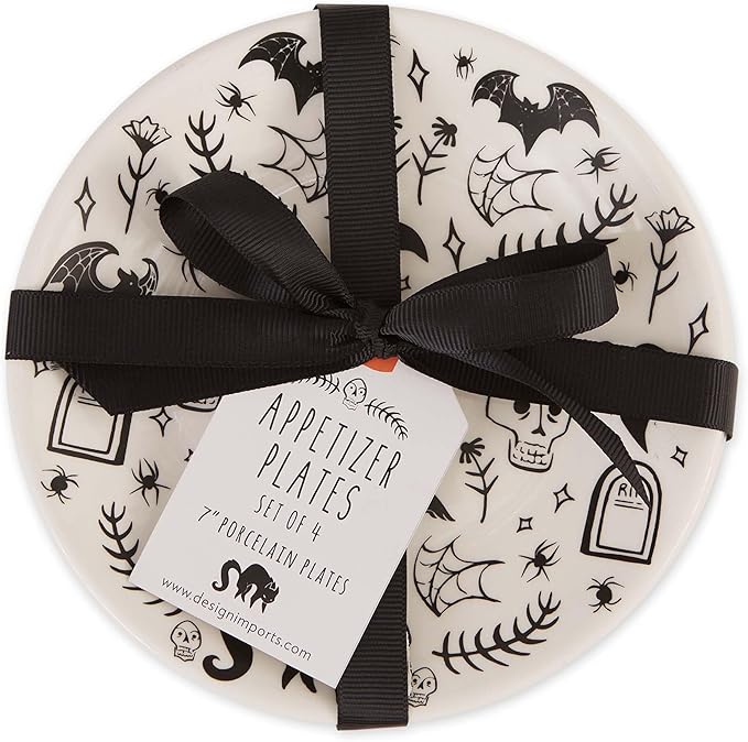 DII Halloween Appetizer Plates, 7 inch Porcelain, Set of 4, Black and White Spooky Design