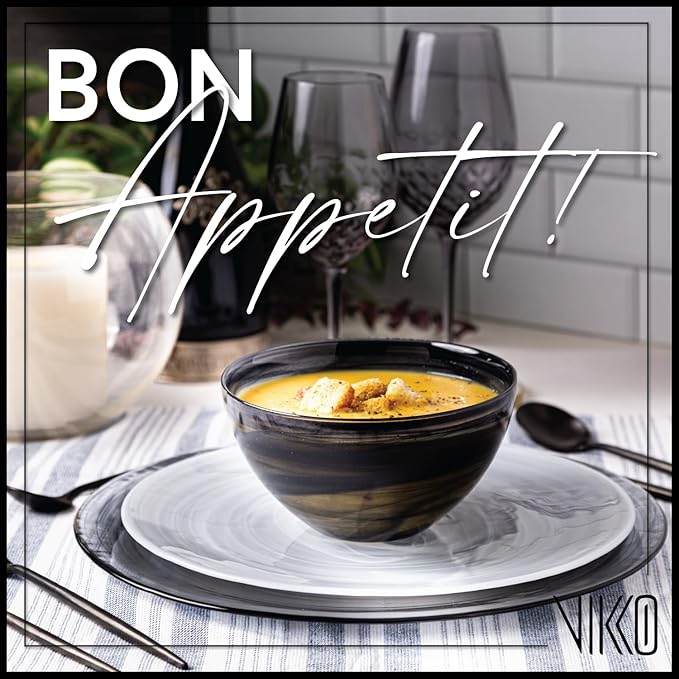 Vikko Soup Bowl, Set of 6 Black Alabaster Bowls, 6" Bowl with Marbelized, Swirl Design, Large 32 Ounce Capacity, Dishwasher Safe