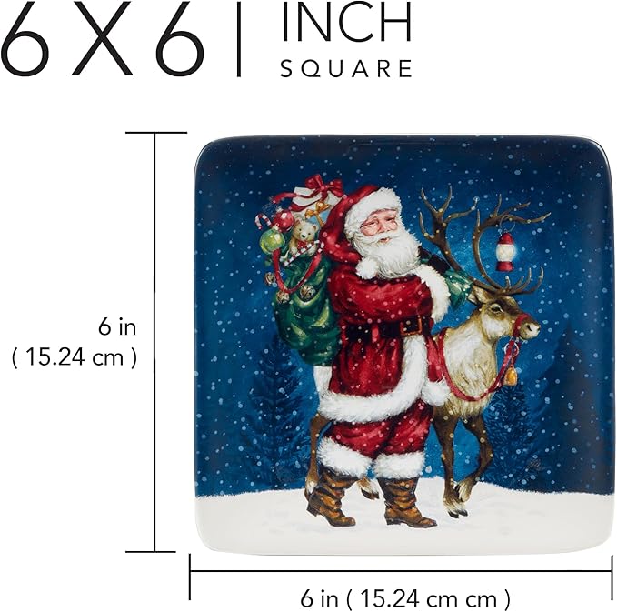 Certified International Santa’s Secret Set of 4 Ceramic Canape Plates – Perfect for hors d’oeuvres or desserts, these small plates feature Santa’s festive magic in timeless holiday style 6"