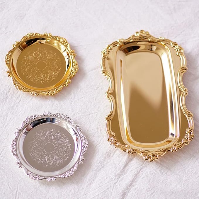 2 Pcs Stainless Steel Food Serving Trays Fruit Plates Dessert Platters Bread Trays Silver and Gold Metal Serving Dishes for Wedding Hotel Party