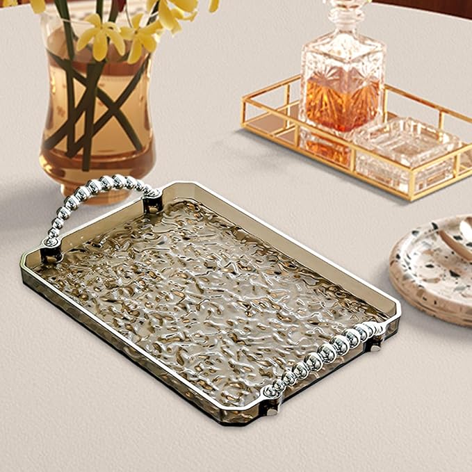 Yajuyi Rectangular Tray for Serving and Organizing Jewelry, Fruit, and More in Living Room, Gray Silver Edge