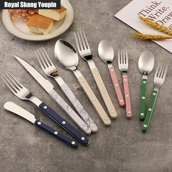 ABS Rivet Handle Marble Pattern Handle Kitchen Stainless Steel Silverware Tableware Flatware Cutlery Knives Forks Spoons Set,Butter Knife Dessert Spoon Fork (Pink,12 pieces)