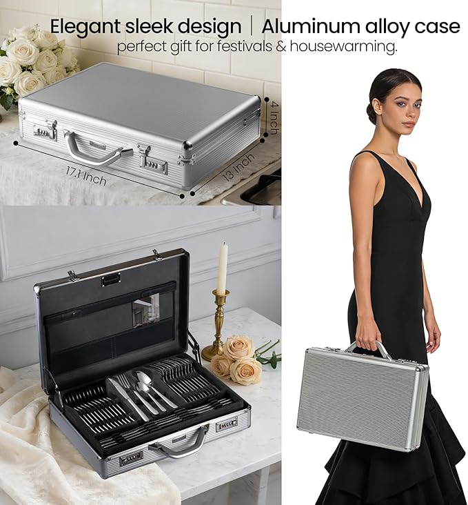 GRANDMEISTER 75-Piece 18/10 Stainless Steel Silverware Set with Gift Carrying Case, 3.0MM Thick, Elegant Design, Serves Parties 12 people, Mirror Polished, Dishwasher Safe Cutlery Set