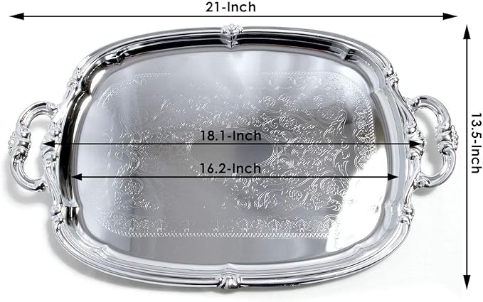 (Pack of 4) 21-Inch x 13.5-Inch Elegant Victoria Floral Engraved with Handle Serving Tray Silver Metal Plate Platter Food Decorative Buffet Wedding Party T166-4PK