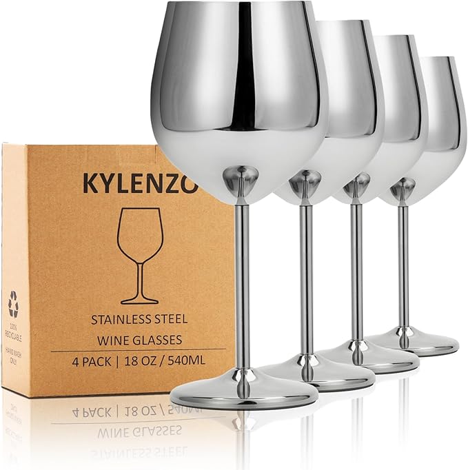 Stainless Steel Wine Glasses Set of 4, 18oz Silver Unbreakable Goblets - Outdoor Metal Cups for Travel, Camping, Pool Parties