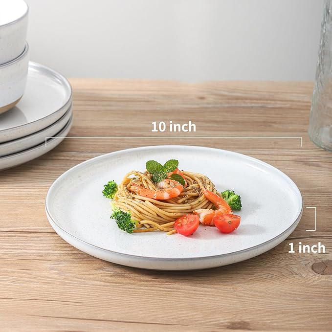 HASENSE Ceramic Dinner Plate Set–10 Inch Premium Proclaim Dishes, 4 Piece Greyish White Plates Set Ideal for Serving Noodles,Pasta or Desserts, Dishwasher Safe and Microwave Safe for Daily Dining