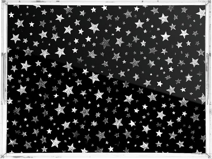 Serving Tray with Handles Clear Acrylic Tray 12x16 Inch Decorative Rectangular Tray Organizer for Ottoman Coffee Table Bathroom Sparkly Silver Stars