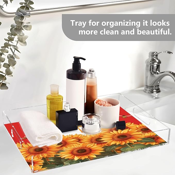 Serving Tray with Handles Clear Acrylic Tray 12x16 Inch Decorative Rectangular Tray Organizer for Ottoman Coffee Table Bathroom Sunflowers and Bees Canada Flag