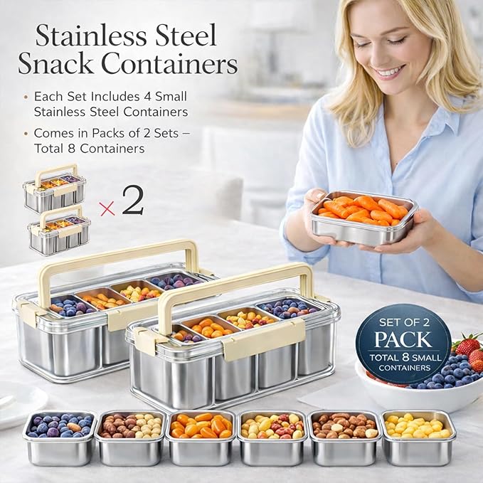 Metal Snackle Box Set, German-Inspired Stainless Steel Design, Leak-Resistant 2-Pack Snack Tray Organizer with 8-Container Removable Tray System, Dipping Cups Included for Travel Family Parties