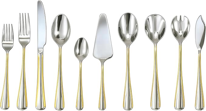 60 Piece Flatware with Hostess Set - Service for 12-8/10 Stainless Steel Silverware - Gorgeous Gold Trim Handles - Serving Utensils - Home Essentials - Dishwasher Safe (65 Piece, Verona)