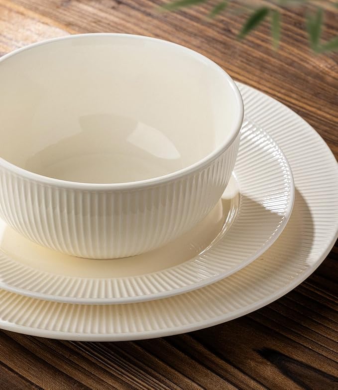 TheTerra Stoneware Dinnerware Sets for 6, 18 Pieces Ceramic Plates and Bowls Sets, Scratch Resistant Embossed Dish Set, Oven, Microwave & Dishwasher Safe, Beige