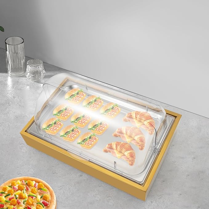 Countertop Ice Food Serving Display Tray with Clear Roll Top, 6L Chilled Serving Tray, Cold Serving Cooler Platter, Cooling Food Dishes Display Plate Case for Party (Double-Grid/Gold)
