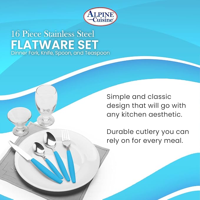 ALPINE CUISINE Flatware Set 16 Piece Service for 4, Stainless Steel Flatware Cutlery Set Includes Dinner Knives/Forks/Spoons - Great for Camping or College Dorms - Dishwasher Safe - Blue