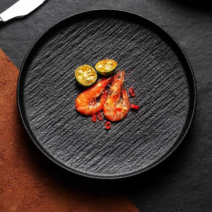 FEELIN Modern Large Dinner Plates Black Quicksand Steak Dinner Plate Frosted Western Dinner Plate Ceramic Pasta Plate Light Luxury Dish Plate Home Plate Stackable Dinner Plates(Color:A,Size:Medium)