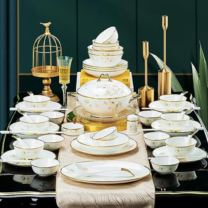 White Porcelain Tableware Set, 58 Pieces Of Bone China Bowls And Plates, High Temperature Fired Healthy Tableware, 24k Gold Decorative Tableware, Heat-resistant High-density Porcelain