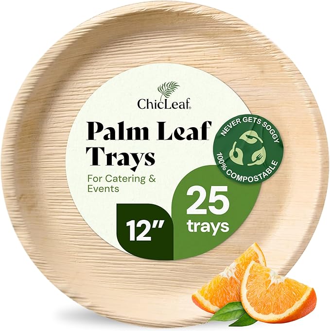 Chic Leaf 100% Compostable Disposable Palm Leaf Tray - Paper Plates Alternative - Disposable Charcuterie Boards Accessories - Round Bamboo Plates Christmas & Holiday Dinner (12'', 25 Count)