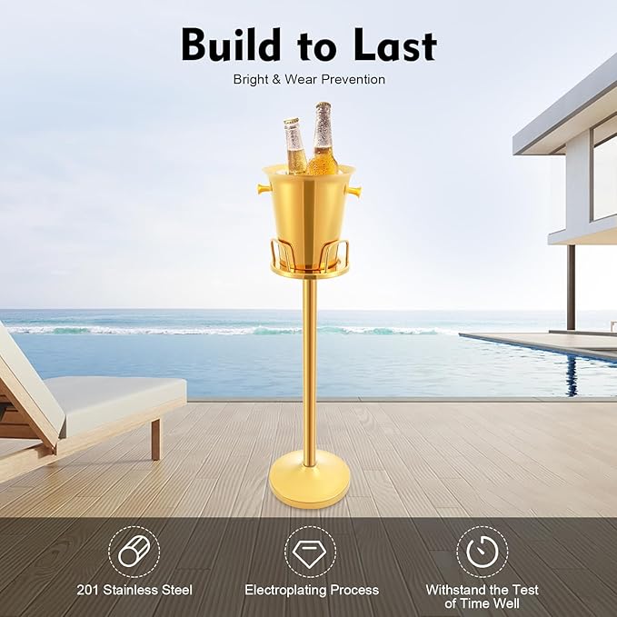 Modern Gold Party Ice Bucket 1.32Gal Stainless Steel Standing Ice Bucket with Stand for Home Parties Weddings Outdoor Events