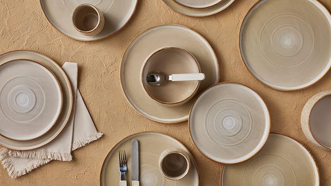 Stone by Mercer Project SHOSAI 16-Piece Stoneware Dinnerware Set, Plates and Bowls Set, Modern Dishware set fo 4, Sand