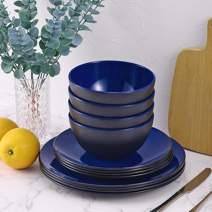 TP 12-Piece Dinnerware Set, Melamine Dishes Set with Bowls and Plates, Non-breakable and Lightweight Dinner Service for 4, Black and Blue