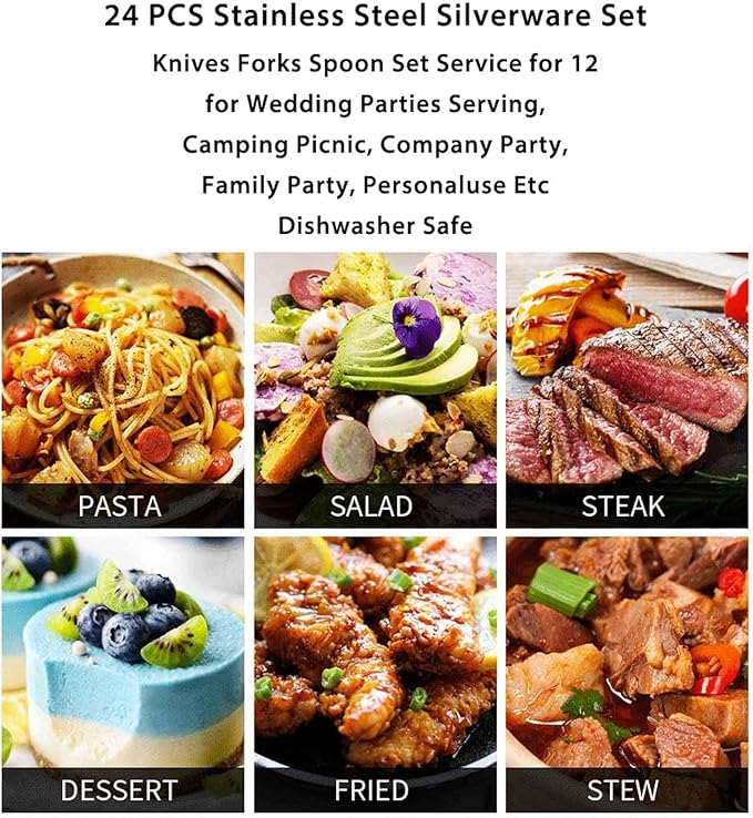 Serving Set Stainless Steel Tableware for 24 PCS, Mirror Polished, Slim Handle Serving Set for 6 for Formal Events, Parties, Food Barbeque, Dishwasher Safe(Rainbow Color,D)