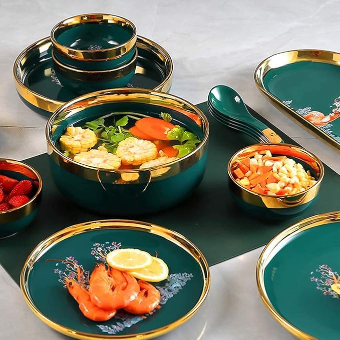 Dining Plate Set 33 Pcs Dinnerware Sets European Style Porcelain Tableware Set with Plates and Bowls Green Auspicious Deer Ceramic Dinner Set (Green 18pcs)