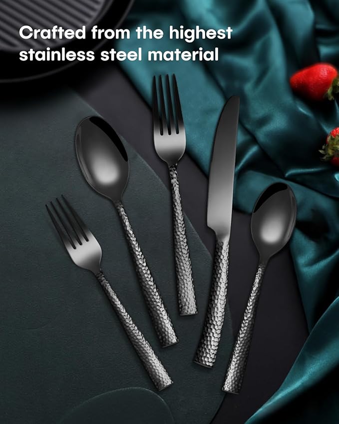 EUIRIO 40-Piece Black Hammered Silverware Set, Stainless Steel Black Flatware for 8, Mirror Polished Tableware Cutlery Set for Home and Hotel, Includes Forks, Spoons and Knives, Dishwasher Safe