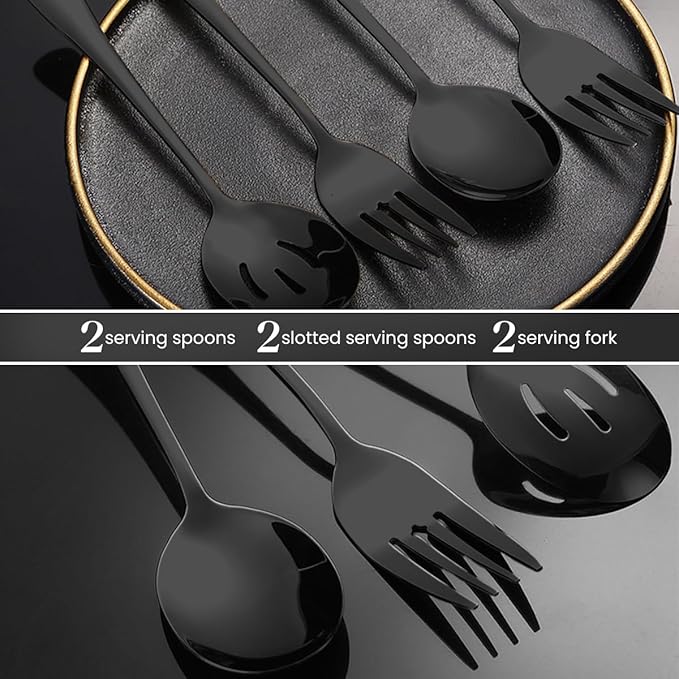 Silverware Sets, Includes 2 Serving Spoon,2 Slotted Serving Spoon, 2 Serving Fork, Stainless Steel Serving Spoons for Parties,Buffet Serving Utensils Set (Black)