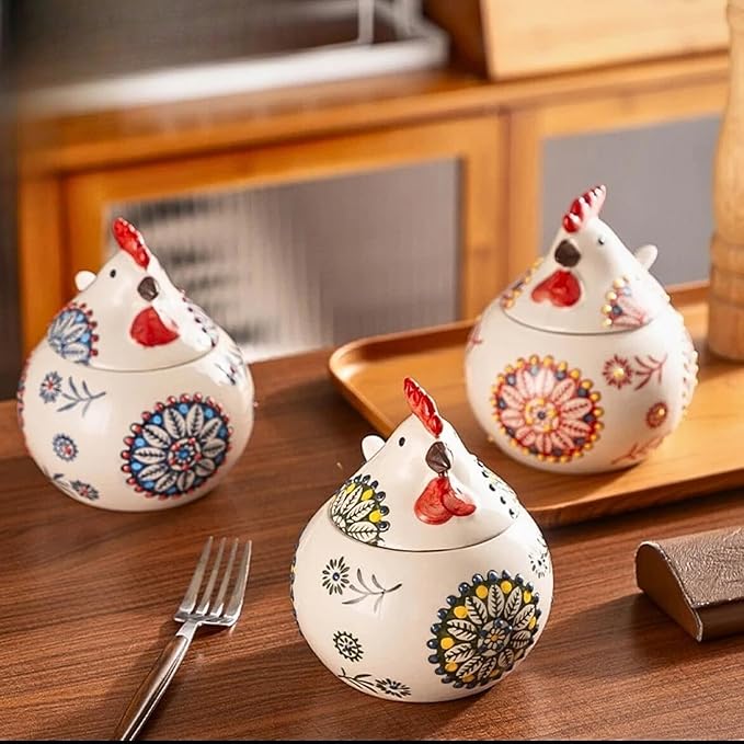Ceramic Salt Cellar with Lid and Spoon | 13.5OZ Large Chicken Salt Container | Salt Cellar for Countertop | Salt Holder Jar for Counter Cookie Sugar Spices Candies Home Chicken Decor Rooster (Blue)