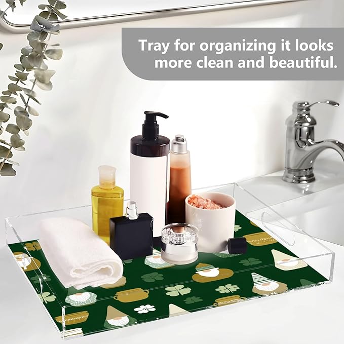 Serving Tray with Handles Clear Acrylic Tray 12x16 Inch Decorative Rectangular Tray Organizer for Ottoman Coffee Table Bathroom Green Clover Dwarf St